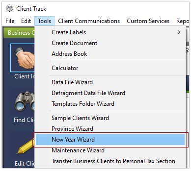 New Year Wizard Screenshot (Tools Menu)