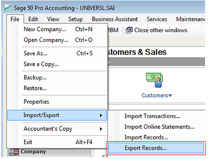 Export Sage 50 Screenshot - Method #1 (Step 1)